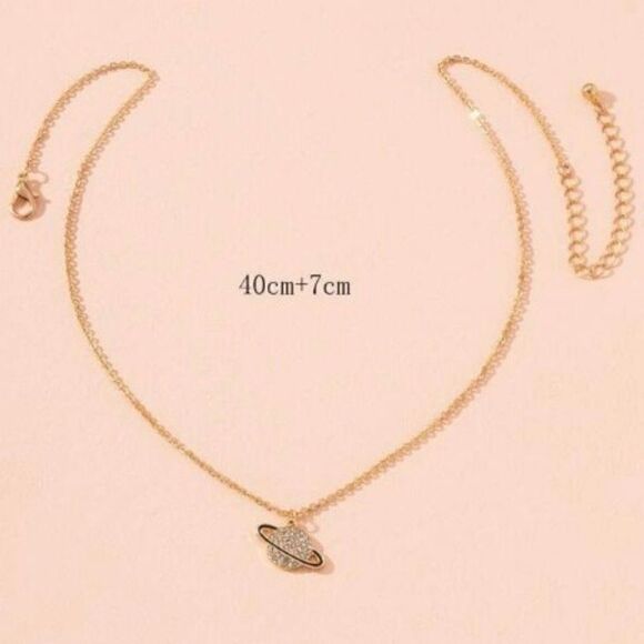 GOLD PLATED DIAMOND SATURN UNISEX PENDANT NECKLACE WITH INSPIRATIONAL CARD - Picture 6 of 12